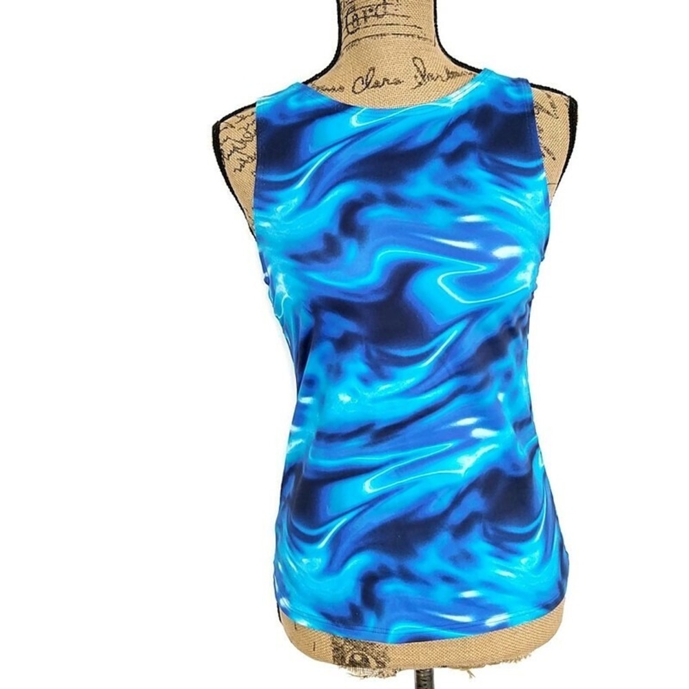 Lands End Swim Tank Top Womens 4 Blue‎ Marble Lycra Xtra Life Sleeveless Sporty